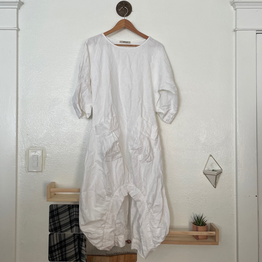 Gaby Ga White Linen Bubble Hem Midi Dress Lagenlook Pockets White